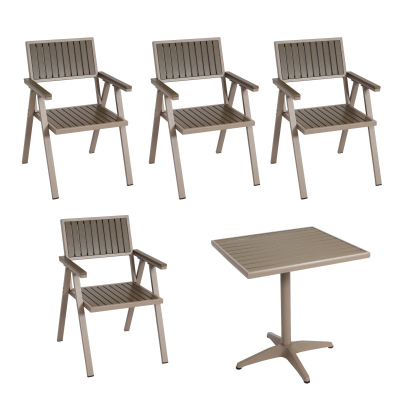 Set de 4 chaises de jardin + table de jardin chaise table, revêtement Gastro Outdoor, alu aspect bois - champagne, gris