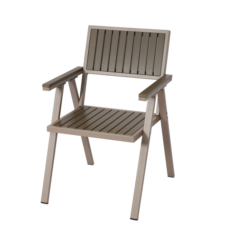 Set de 4 chaises de jardin + table de jardin chaise table, revêtement Gastro Outdoor, alu aspect bois - champagne, gris