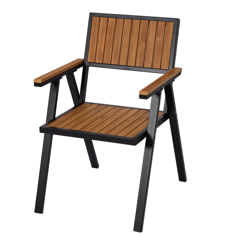 Set de 4 chaises de jardin + table de jardin chaise table, revêtement Gastro Outdoor, alu aspect bois - noir, teck