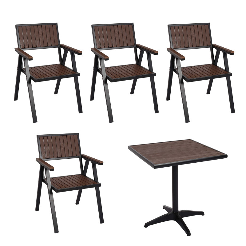 Set de 4 chaises de jardin + table de jardin chaise table, revêtement Gastro Outdoor, alu aspect bois - noir, marron foncé