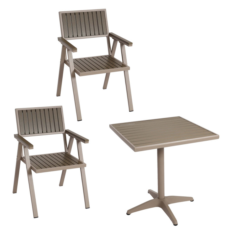 Lot de 2 chaises de jardin + table de jardin chaise table Outdoor, alu aspect bois - champagne, gris