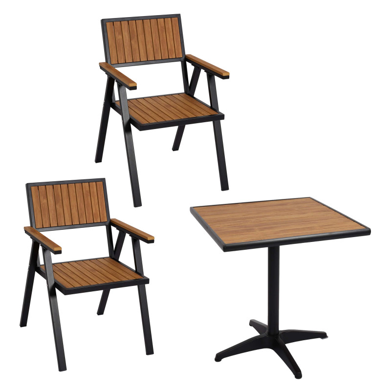 Lot de 2 chaises de jardin + table de jardin chaise table, Outdoor, alu aspect bois - noir, teak