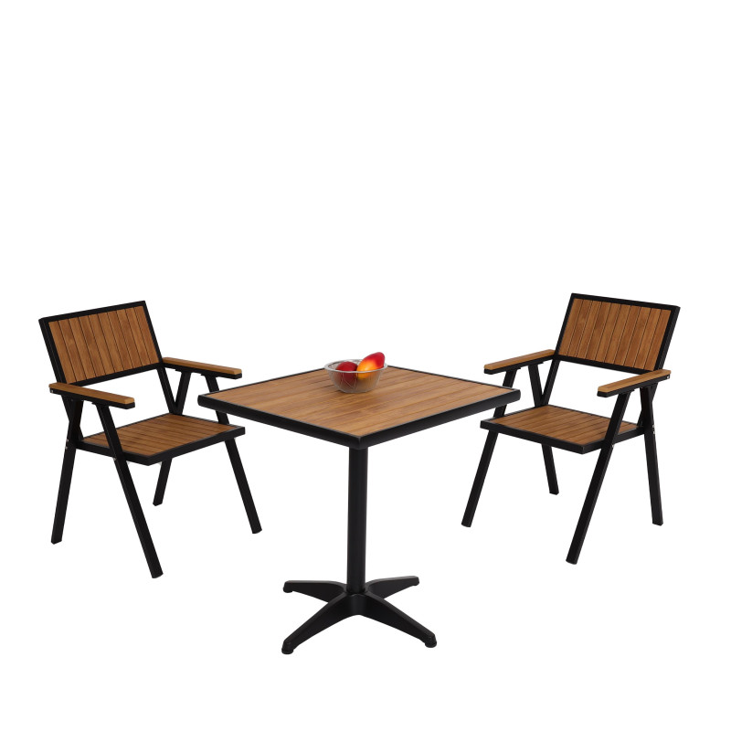 Lot de 2 chaises de jardin + table de jardin chaise table, Outdoor, alu aspect bois - noir, teak