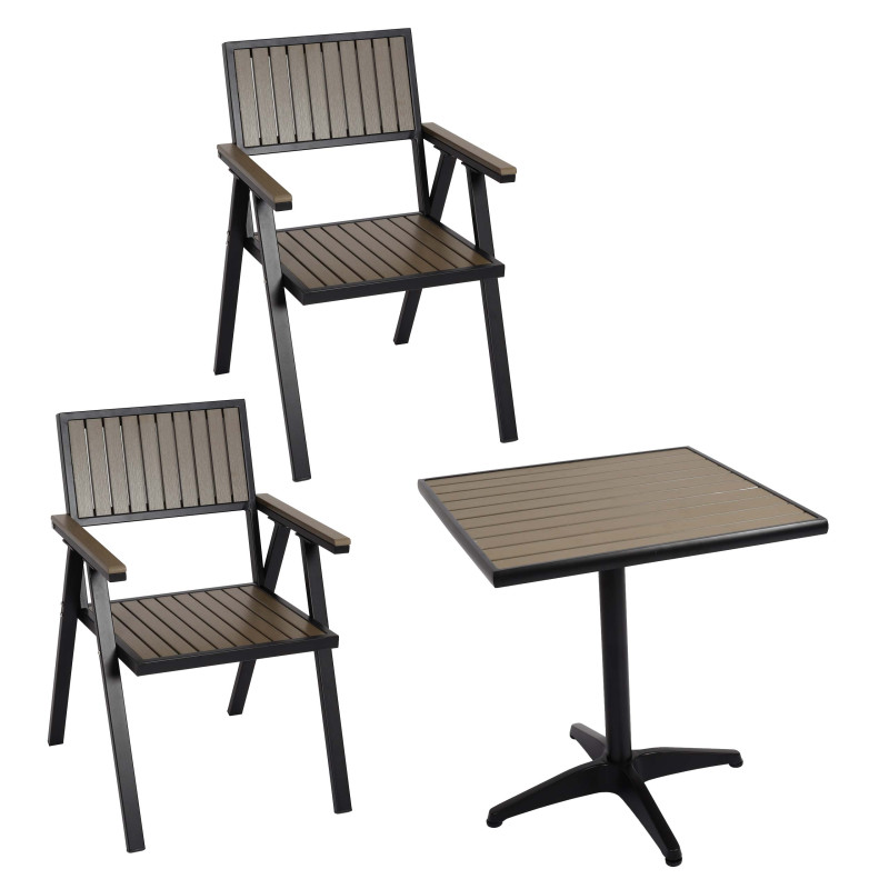 Lot de 2 chaises de jardin + table de jardin revêtement Gastro Outdoor, alu aspect bois - noir, gris