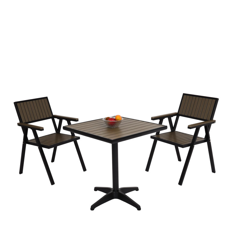Lot de 2 chaises de jardin + table de jardin revêtement Gastro Outdoor, alu aspect bois - noir, gris