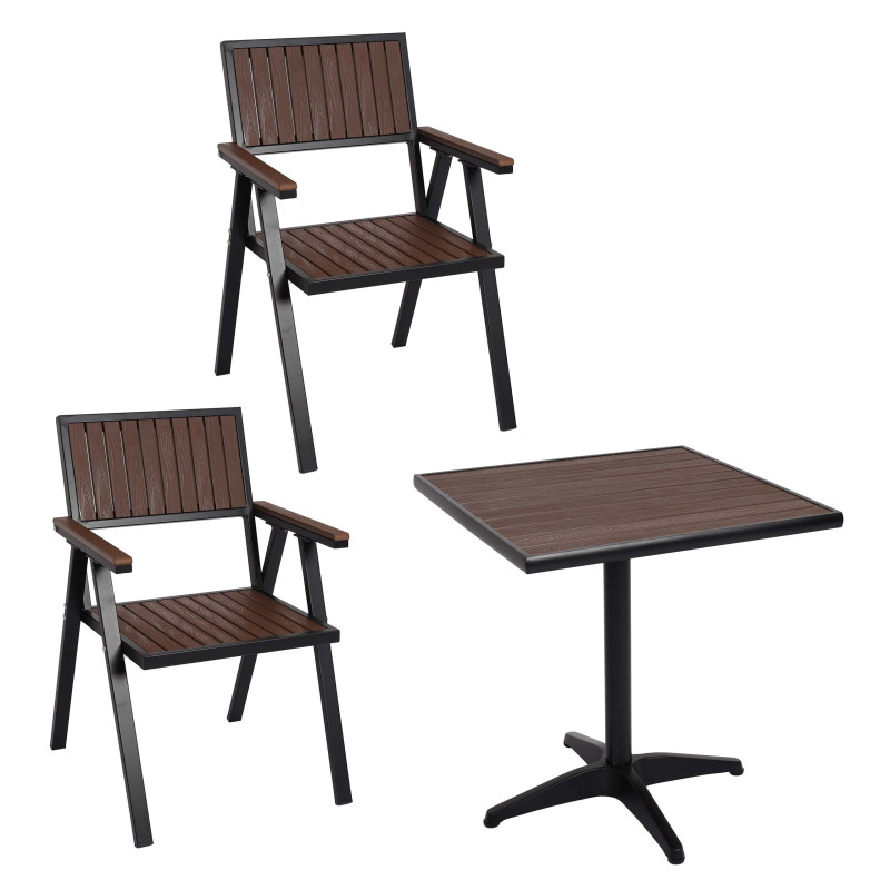 Lot de 2 chaises de jardin + table de jardin Outdoor, alu aspect bois - noir, marron foncé