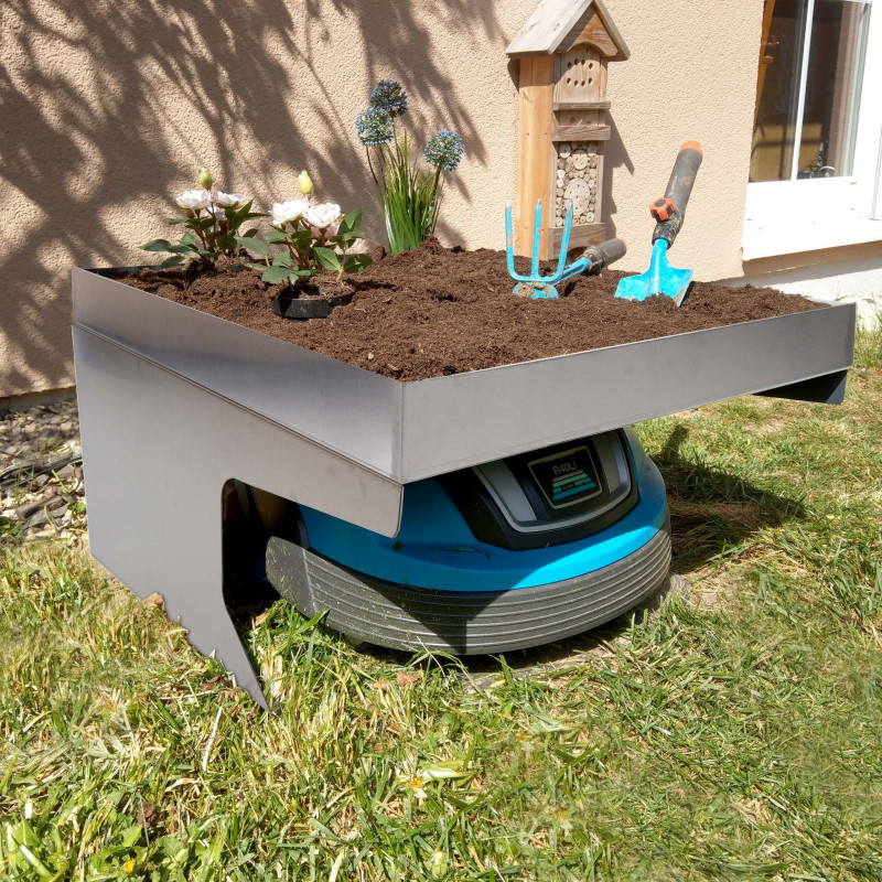 Garage pour tondeuse-robot avec bac à plantes toit Abri pour tondeuse, métal 37x60x70cm - inox