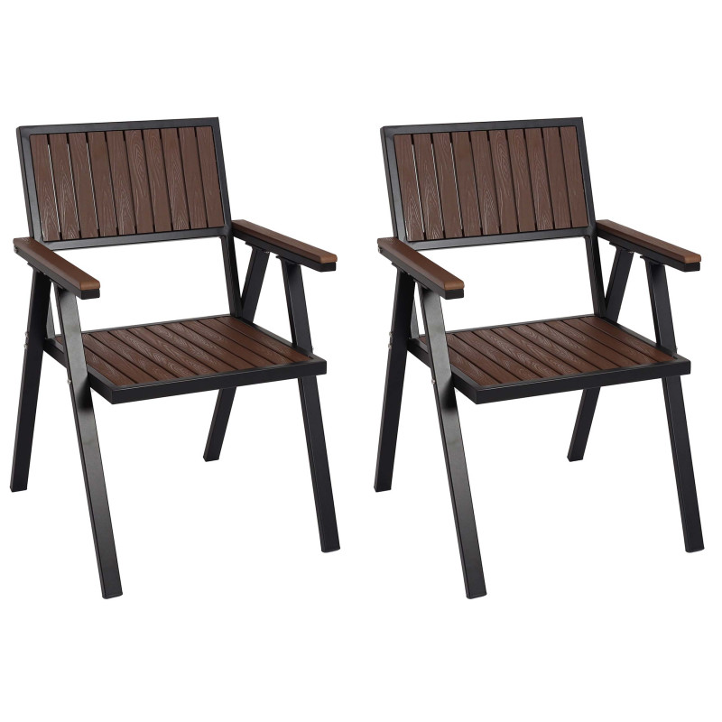 Lot de 2 chaises de jardin revêtement extérieur, aluminium aspect bois - châssis noir, marron foncé