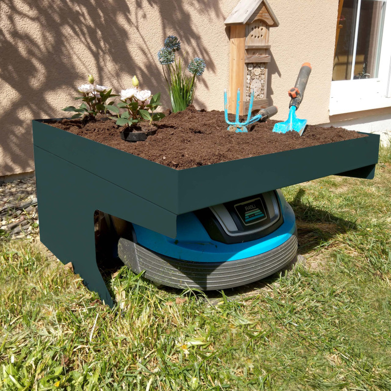 Garage pour tondeuse-robot avec bac à plantes pour tondeuse à gazon, métal 37x60x70cm - vert