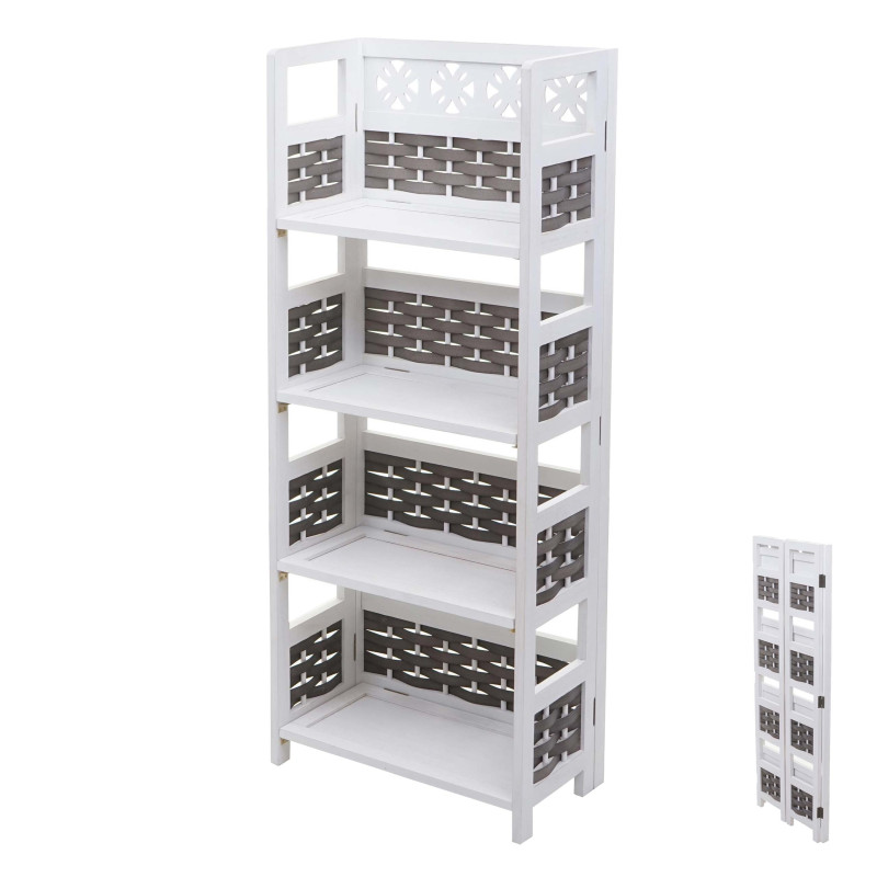 Étagère sur pied, pliable 4 étagères, Bois 110cm - blanc, tressage gris