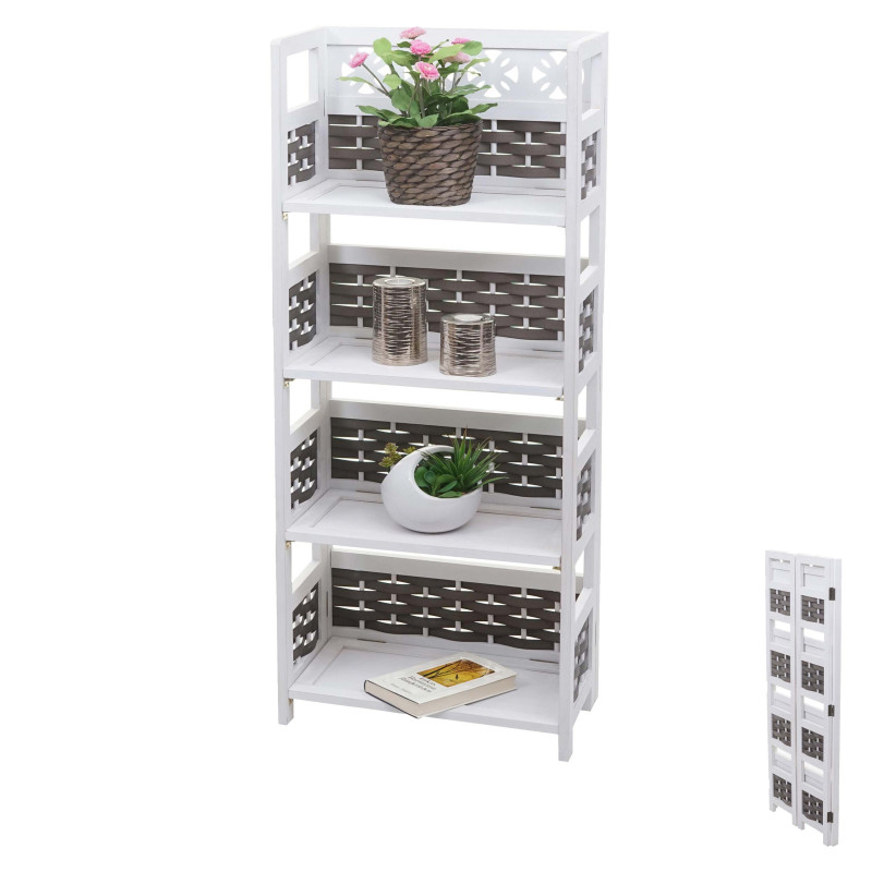 Étagère sur pied, pliable 4 étagères, Bois 110cm - blanc, tressage gris