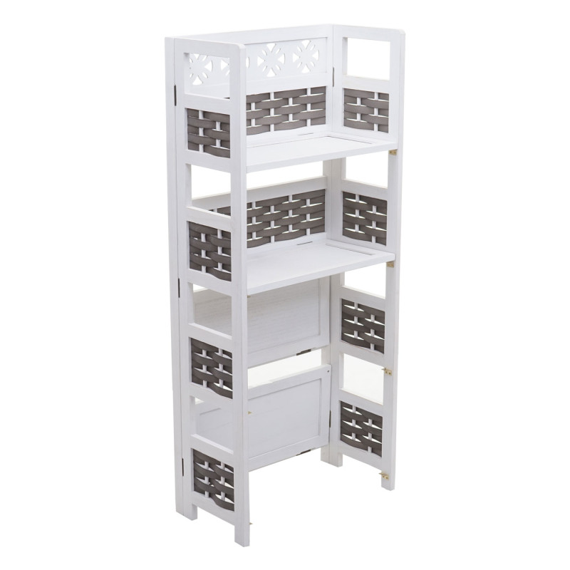 Étagère sur pied, pliable 4 étagères, Bois 110cm - blanc, tressage gris