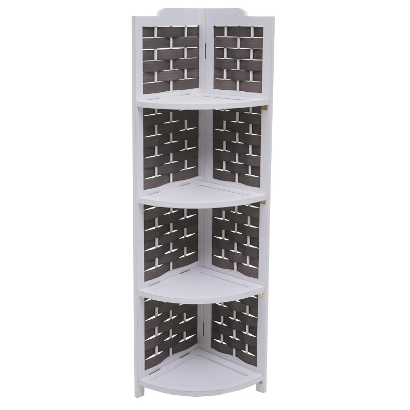 Etagère d'angle pliable 4 étagères, bois de paulownia 110cm - blanc, tressage anthracite