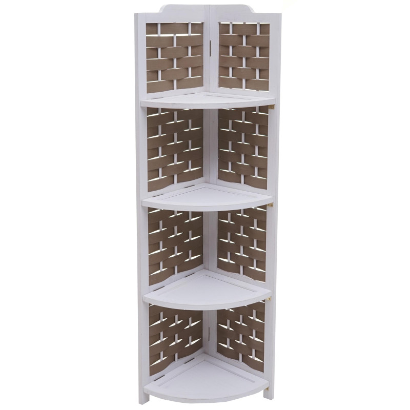 Etagère d'angle pliable 4 étagères, bois de paulownia 110cm - blanc, tressage blanc