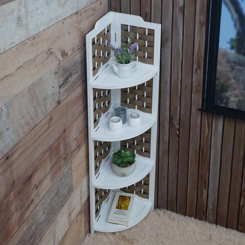 Etagère d'angle pliable 4 étagères, bois de paulownia 110cm - blanc, tressage blanc