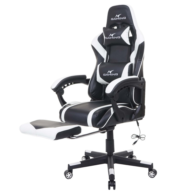 Chaise de bureau chaise de bureau Gaming, repose-pieds USB-Massage, similicuir - noir-blanc