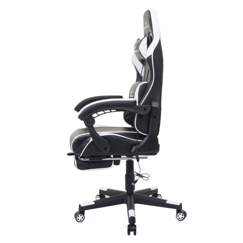 Chaise de bureau chaise de bureau Gaming, repose-pieds USB-Massage, similicuir - noir-blanc