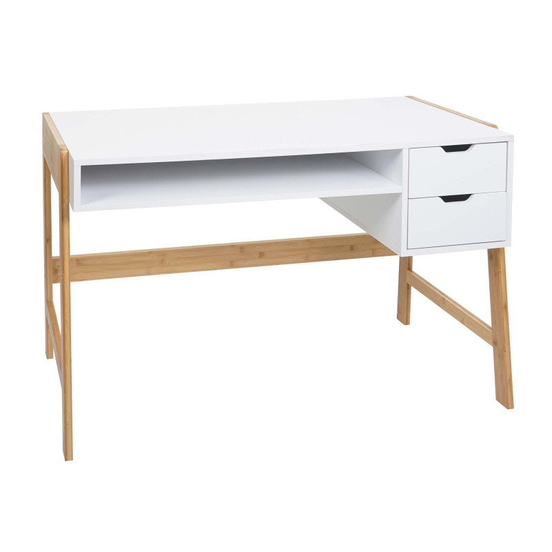 Bureau table d'ordinateur, table de travail, tiroir, bambou 76x155x58cm - blanc