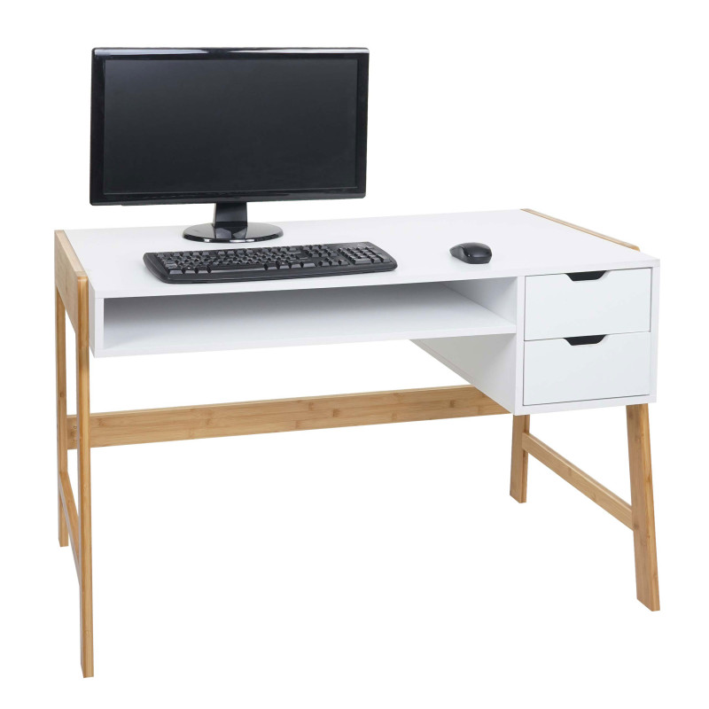 Bureau table d'ordinateur, table de travail, tiroir, bambou 76x155x58cm - blanc