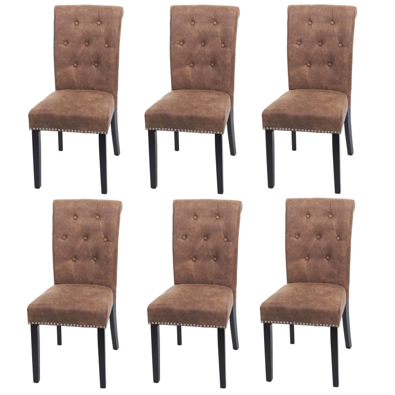 Lot de 6 chaises de salle à manger Chesterfield II, , rivets - tissu/textile marron, pieds foncés