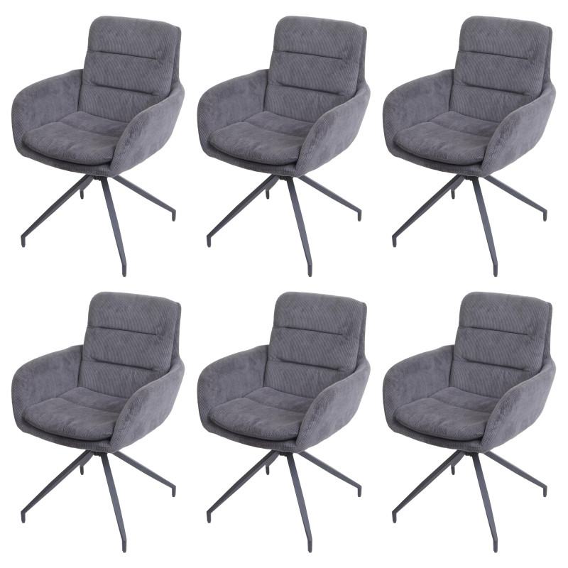 Lot de 6 chaises de salle à manger fauteuil chaise, pivotante position auto, tissu/textile - velours côtelé gris