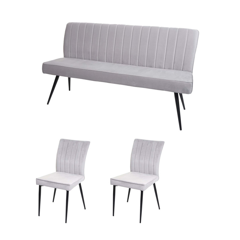 Set de salle à manger set de 2 chaises + banc Ensemble de salle à manger, velours métal - gris clair