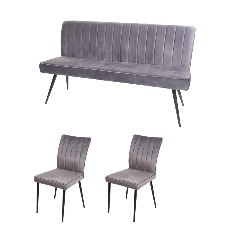 Ensemble de salle à manger set de 2 chaises + banc Ensemble de salle à manger, velours métal - gris foncé