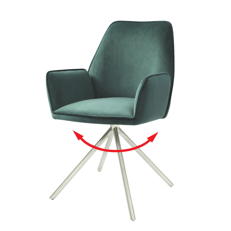 Chaise de salle à manger  avec accoudoirs, pivotante velours - vert, inox