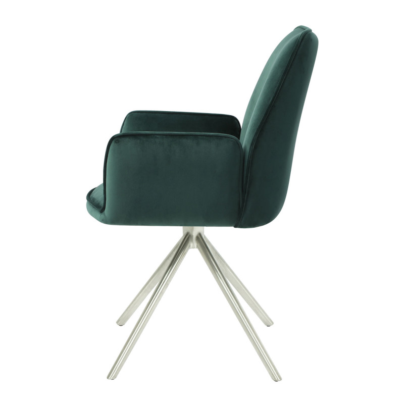 Chaise de salle à manger  avec accoudoirs, pivotante velours - vert, inox