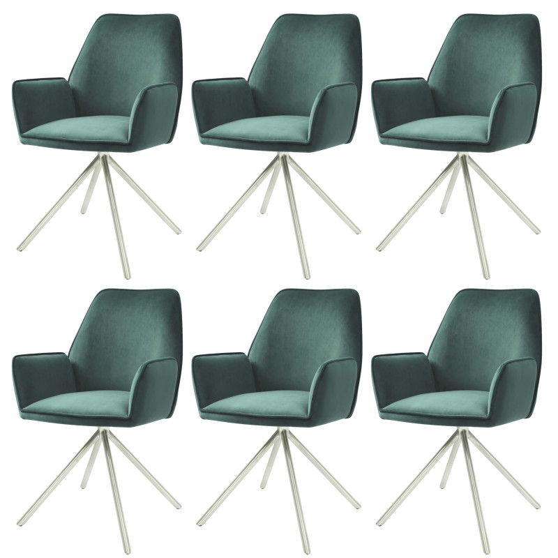 Lot de 6 chaises de salle à manger  accoudoir, pivotante position auto, velours - vert, inox