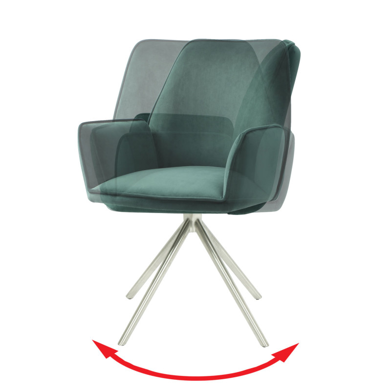 Lot de 6 chaises de salle à manger  accoudoir, pivotante position auto, velours - vert, inox