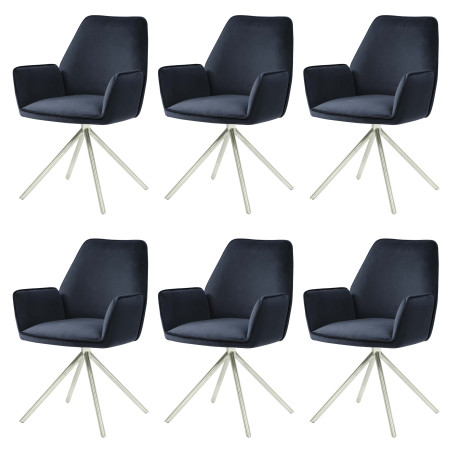 Lot de 6 chaises de salle à manger  Accoudoir, pivotant Auto-Position, velours - anthracite-bleu, inox