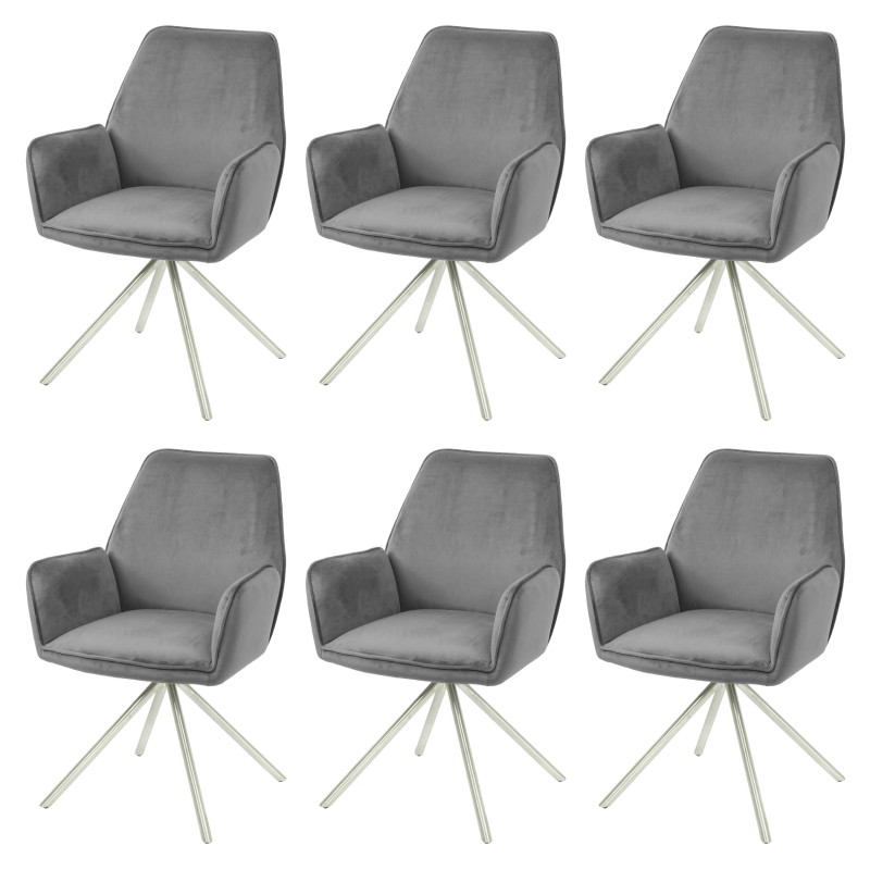 Lot de 6 chaises de salle à manger  Accoudoir, pivotant Auto-Position, velours - gris foncé, inox