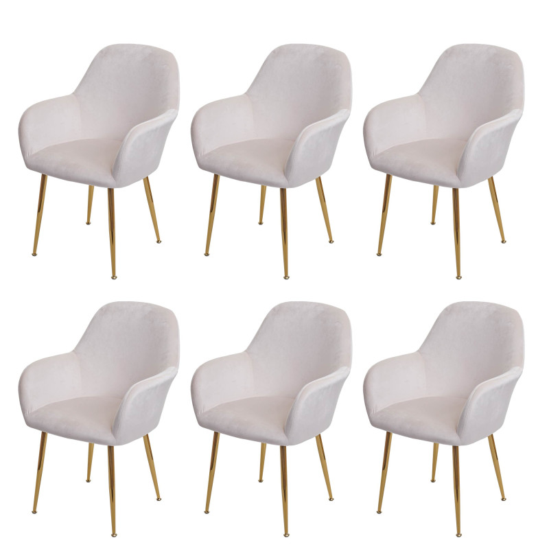 Lot de 6 chaises de salle à manger , design rétro - velours crème-blanc, pieds dorés