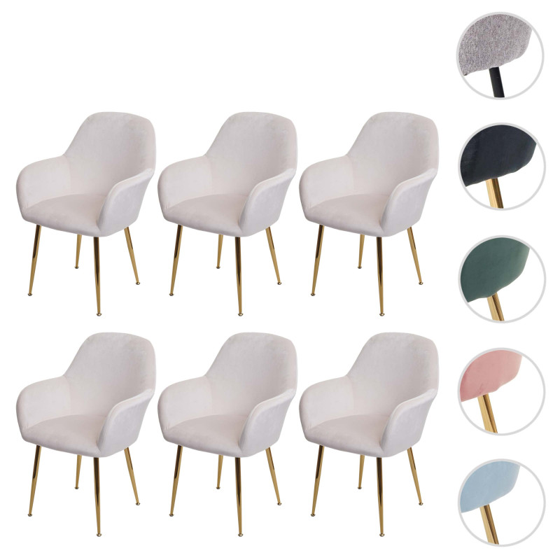 Lot de 6 chaises de salle à manger , design rétro - velours crème-blanc, pieds dorés