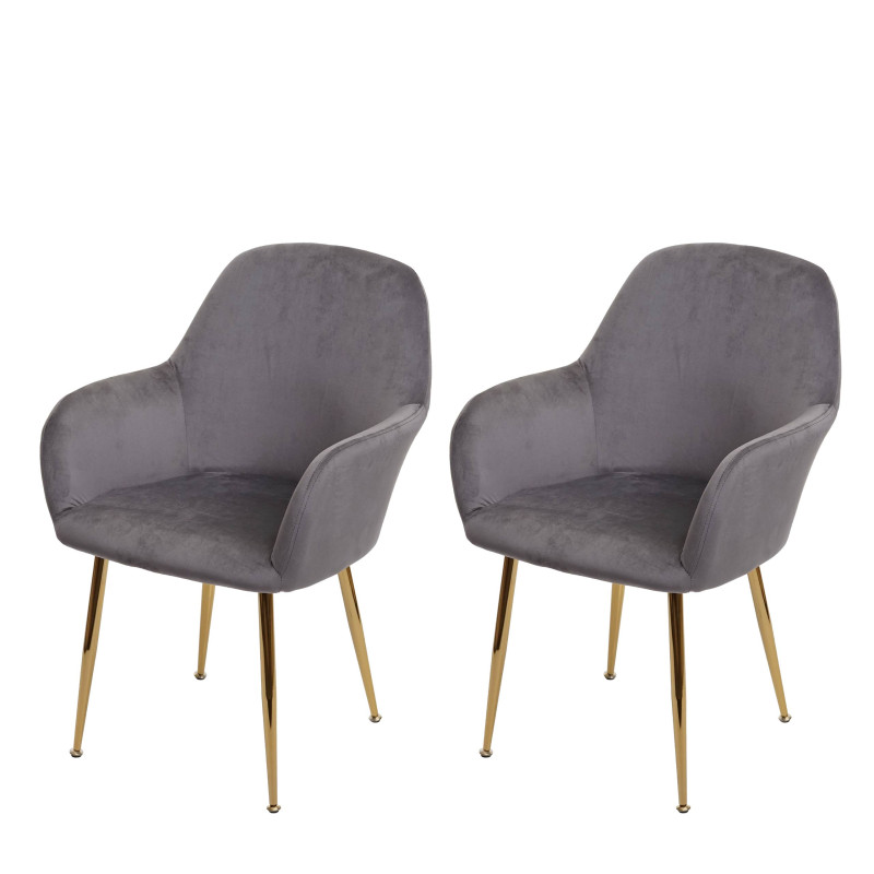 Lot de 2 chaises de salle à manger , design rétro - velours gris, pieds dorés