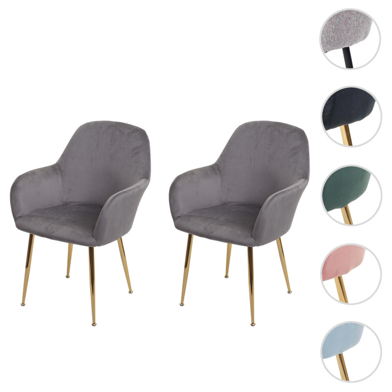 Lot de 2 chaises de salle à manger , design rétro - velours gris, pieds dorés