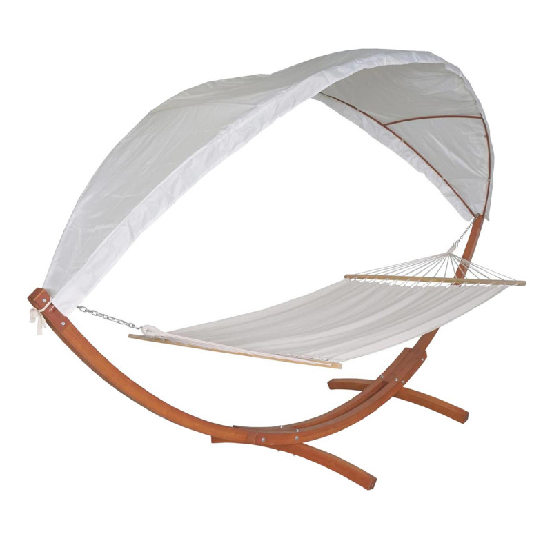 Hamac jusqu'à 200kg toit solaire cadre en bois - MVG 420cm 2 personnes - marron, crème-blanc
