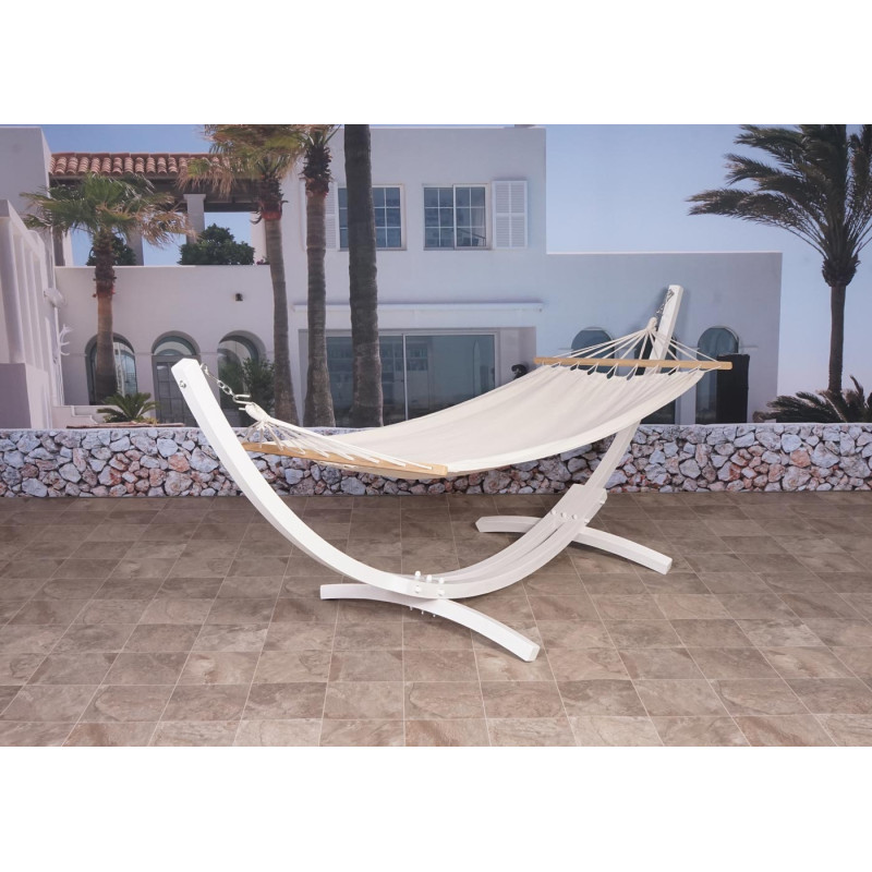 Hamac avec support jusqu'à 200kg support en bois MVG-certifié 320cm - blanc, tissu crème-blanc