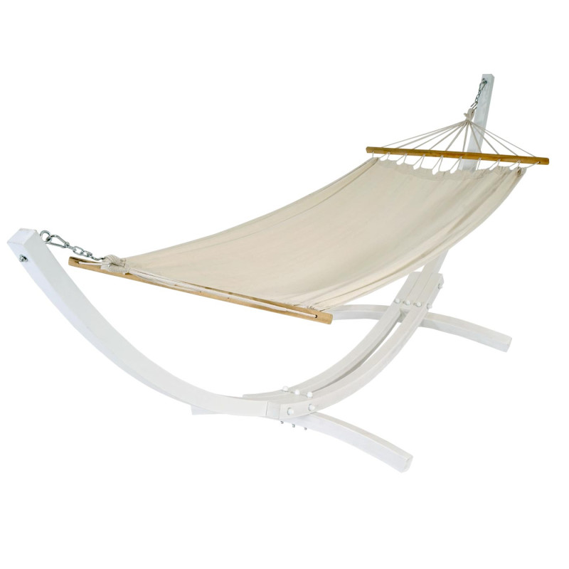 Hamac avec support jusqu'à 200kg support en bois MVG-certifié 320cm - blanc, tissu crème-blanc