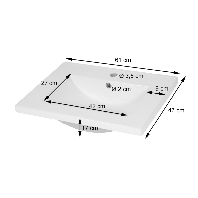 Lavabo lavabo à main salle de bain, céramique rectangulaire blanc - 61cm 30mm bord