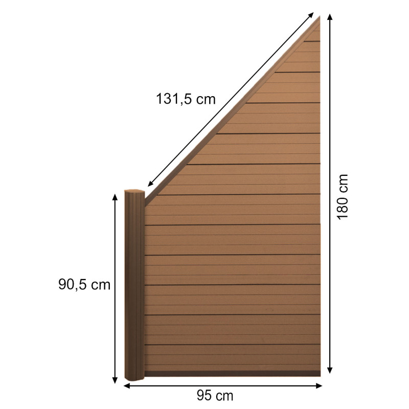 Pare-vue WPC Sarthe, clôture coupe-vent, poteaux alu - élément d'extension oblique gauche, 0,95m teck