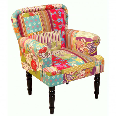 Titre : fauteuil rembourré, fauteuil club, textile, aspect patchwork, 88x71x67cm