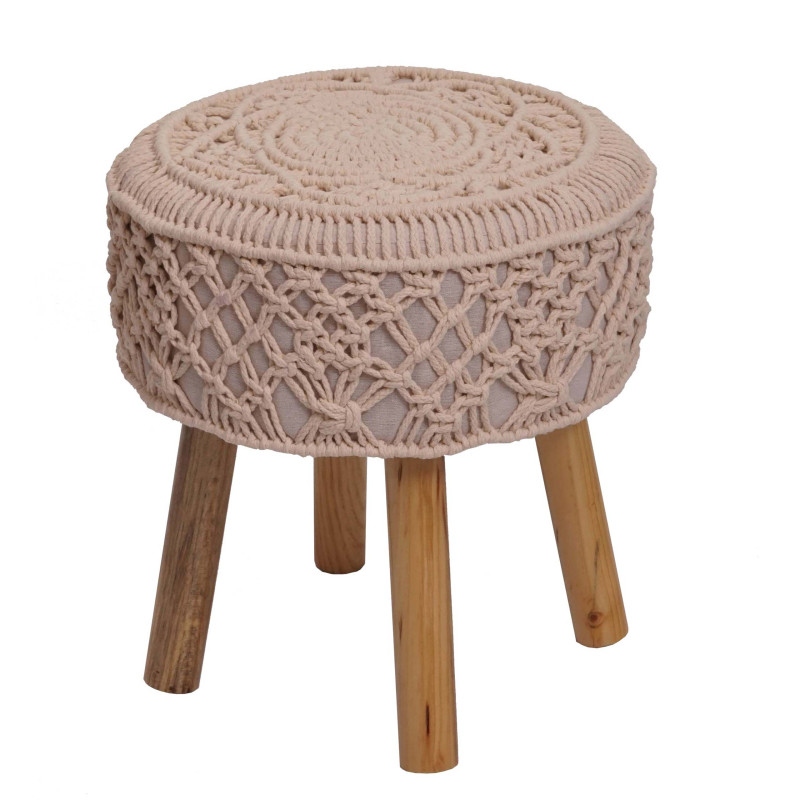 Tabouret tabouret tricoté pouf, 45x41cm rond macramé/tricoté tissu/textile - crème-beige