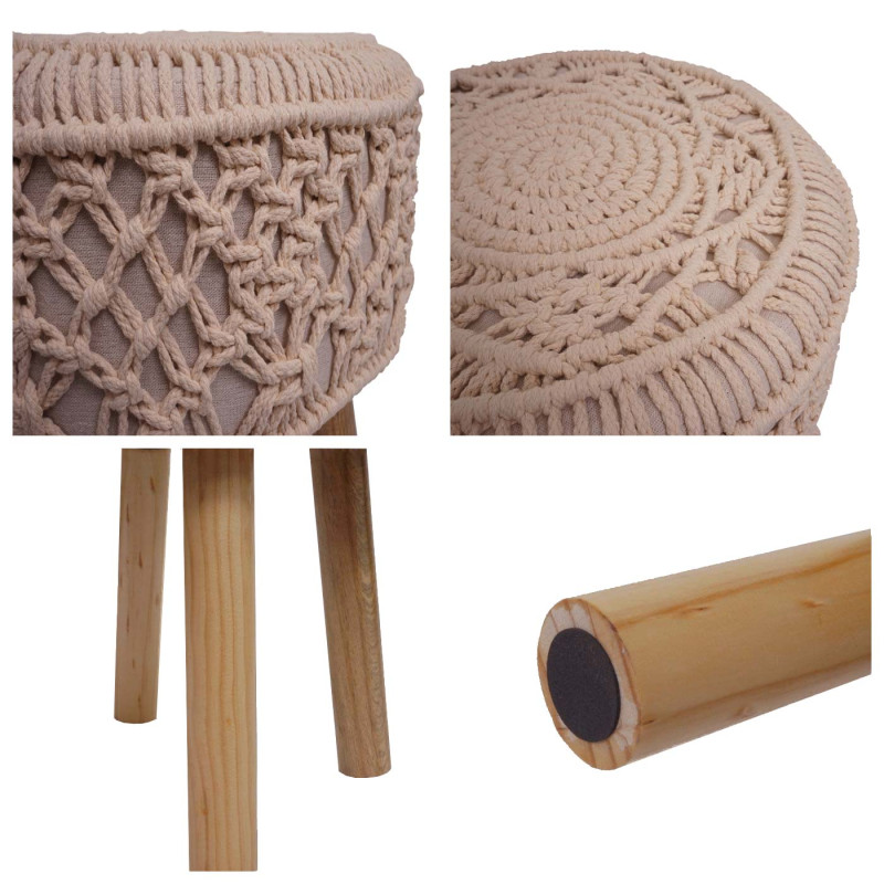 Tabouret tabouret tricoté pouf, 45x41cm rond macramé/tricoté tissu/textile - crème-beige