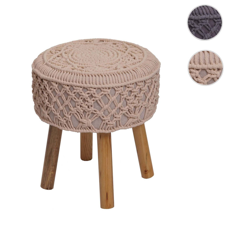 Tabouret tabouret tricoté pouf, 45x41cm rond macramé/tricoté tissu/textile - crème-beige