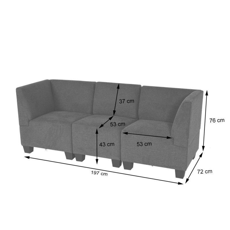 Modular Canapé 3 places Lyon, tissu/textile - gris, accoudoirs hauts